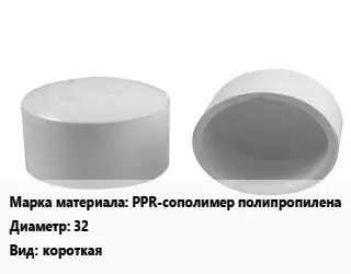 Заглушка полипропилен, полиэтилен, металлопластик PPR-сополимер полипропилена D=32 короткая